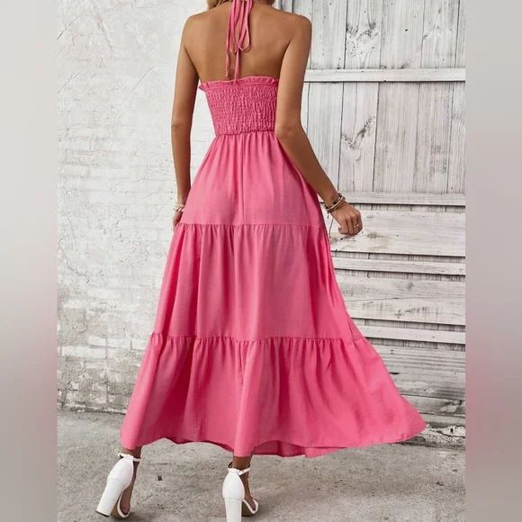 NEW Ruffle Tie Halter Tiered Long Dress Pink - Picture 3 of 7